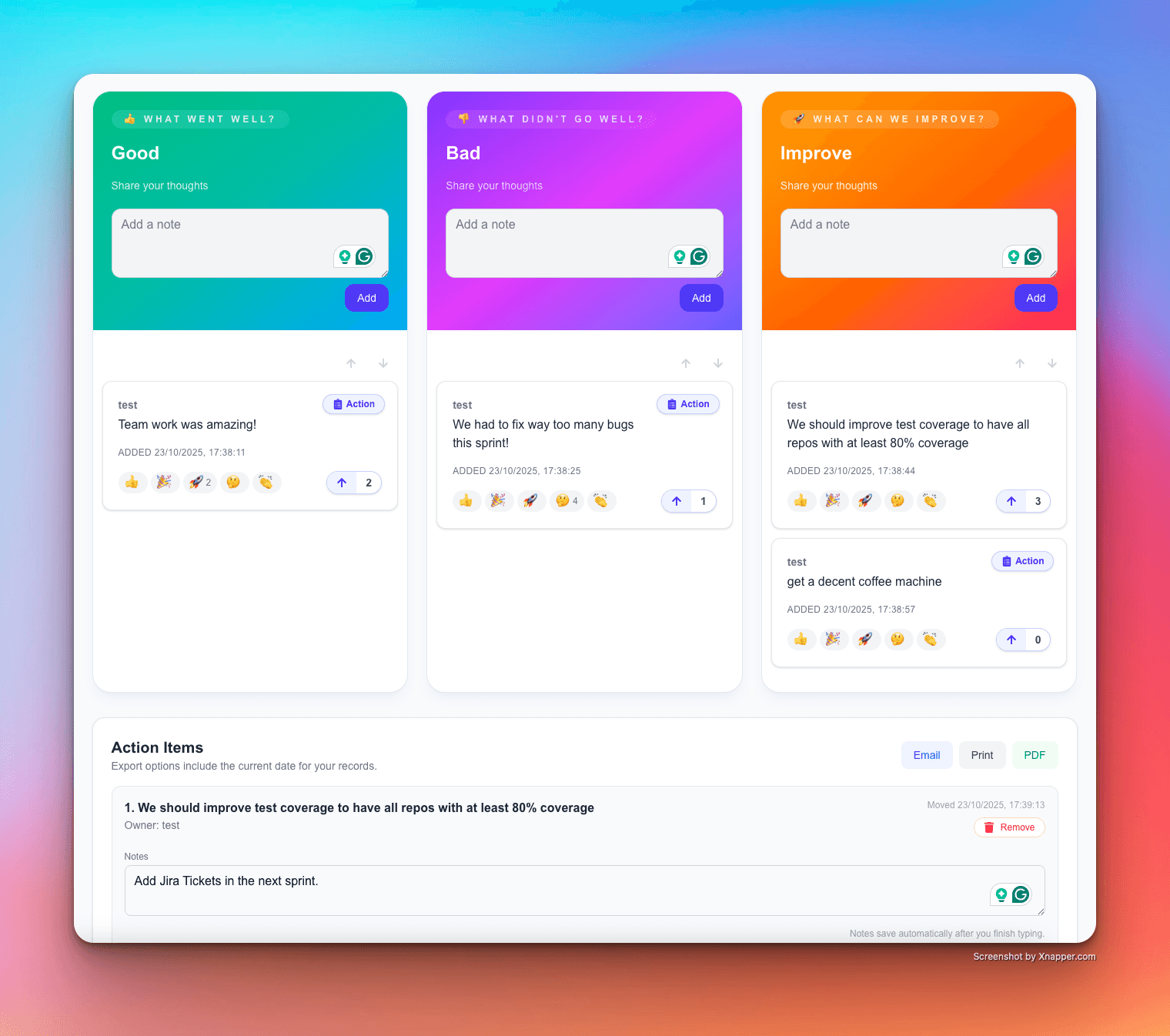 Retro Tool – online retrospective board preview