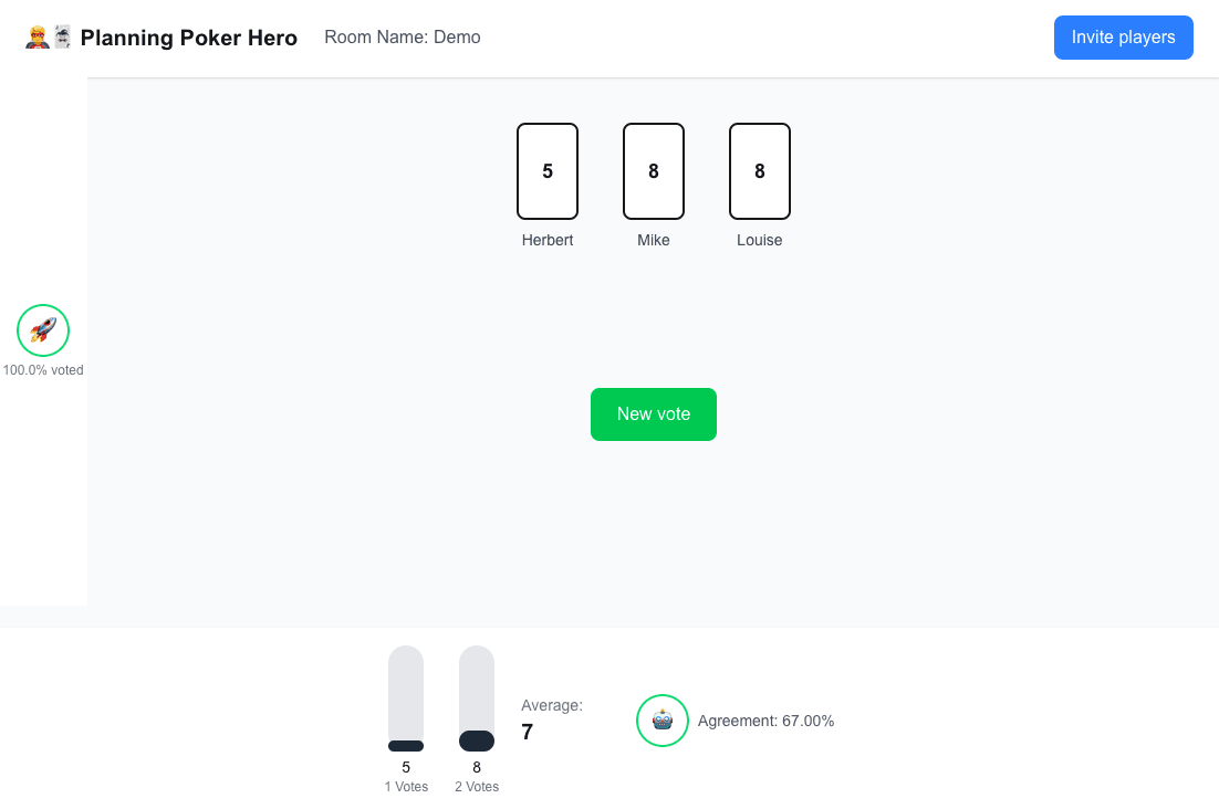 Planning Poker Hero — free planning poker online interface showing card selection, voting, and reveal flow